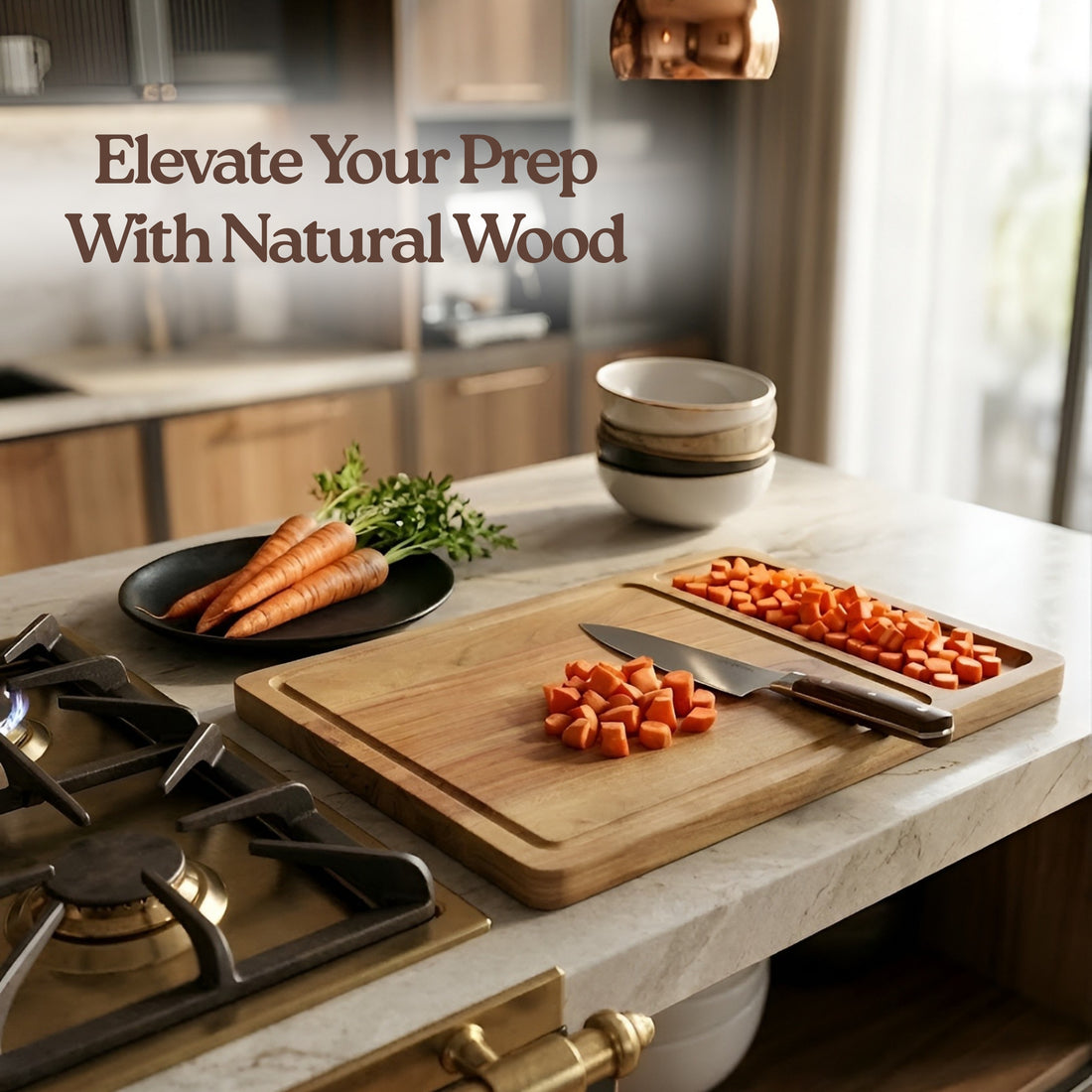 Acacia Wooden Cutting Board | Dual Section Chopping Board with Juice Groove | Durable Kitchen Prep & Serving Board