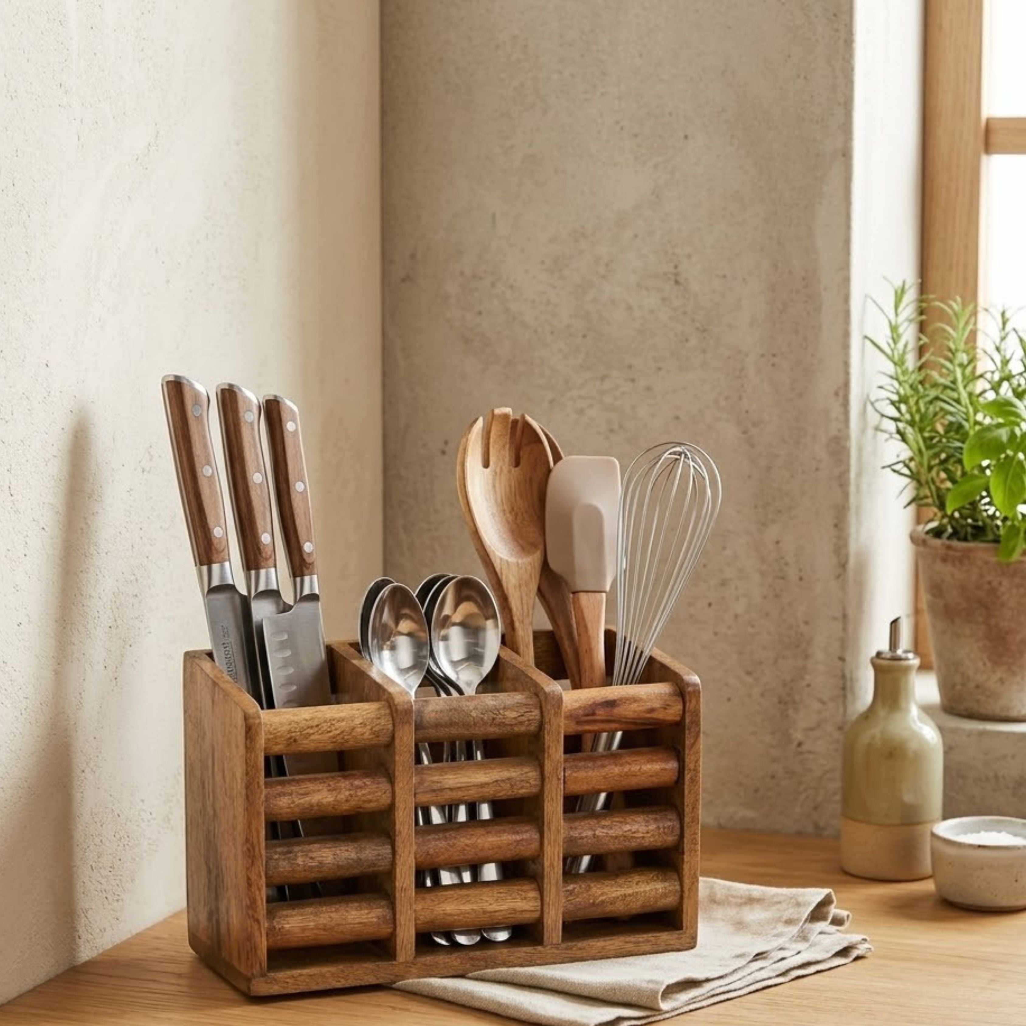 Six-Slot Slatted Wooden Cutlery & Utility Organizer