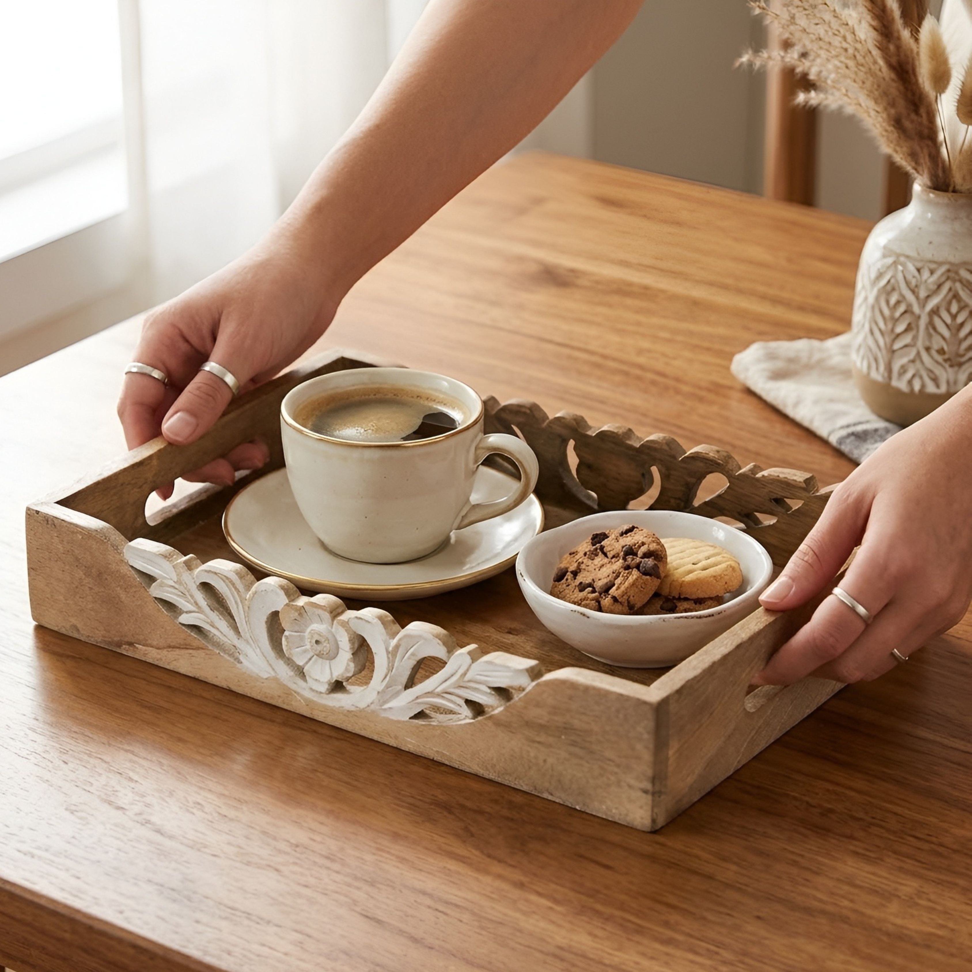 Carved Floral Accents Wooden Serving Tray