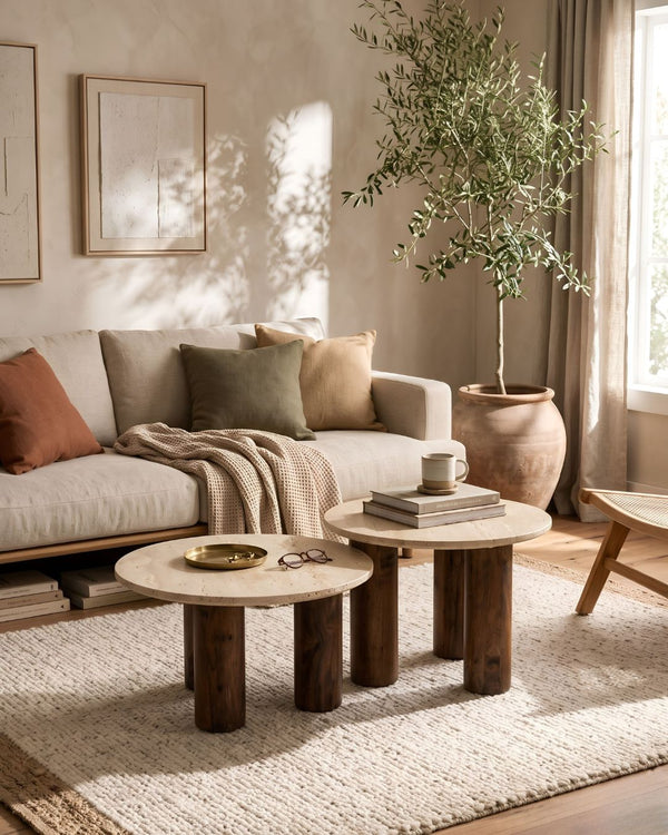 Travertine & Walnut Nesting Coffee Tables