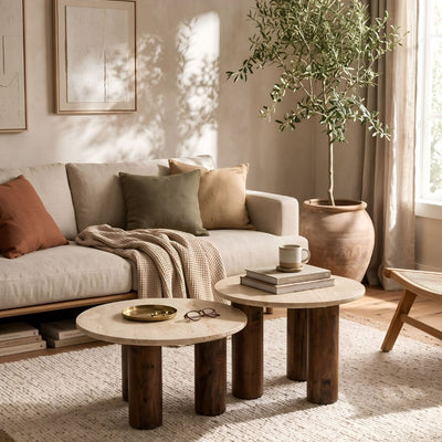 Travertine & Walnut Nesting Coffee Tables