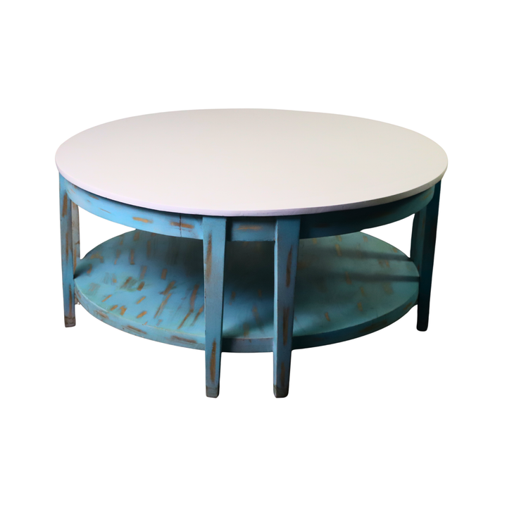 Vintage Round Coffee Table with Distressed Blue Finish