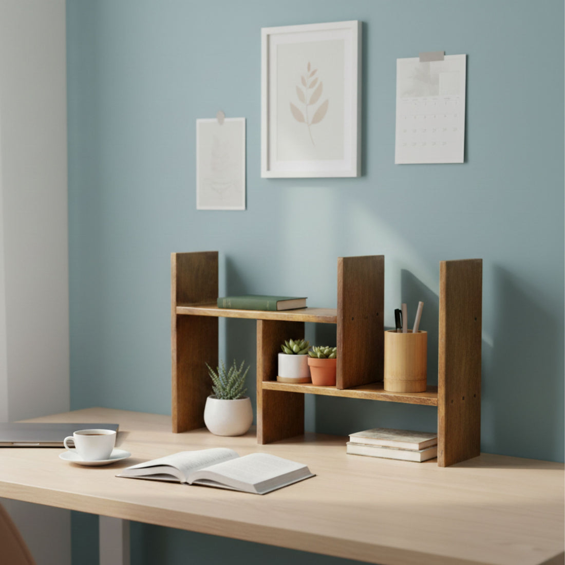 Modern Wooden Shelf Organizer: Space-Saving Desk & Kitchen Storage Rack | Multipurpose Open Shelf Display Unit