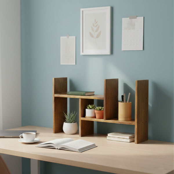 Modern Wooden Shelf Organizer: Space-Saving Desk & Kitchen Storage Rack | Multipurpose Open Shelf Display Unit