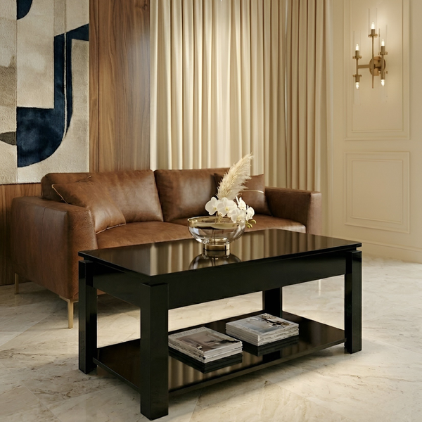 Classic Black Wooden Coffee Table with Storage Shelf