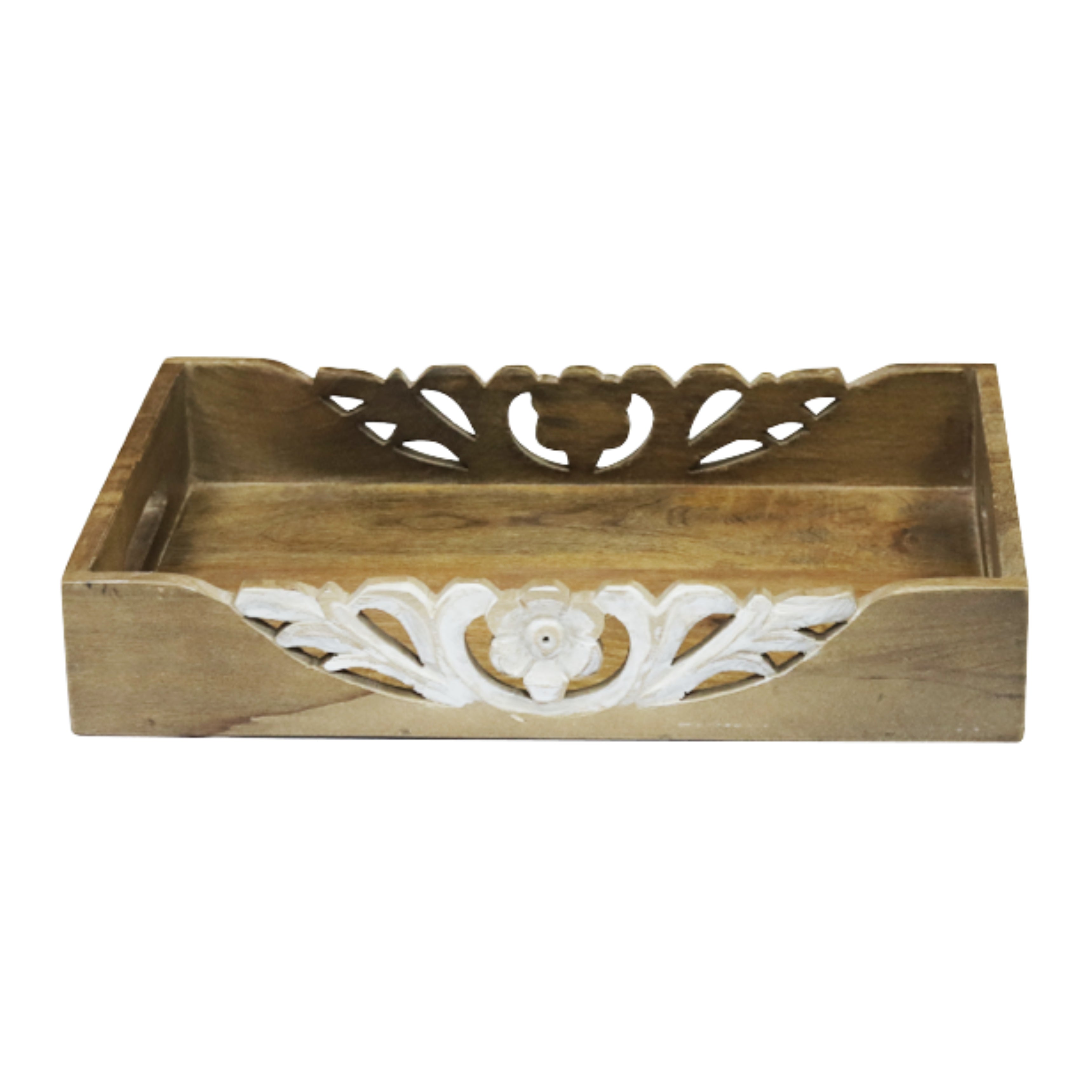 Carved Floral Accents Wooden Serving Tray