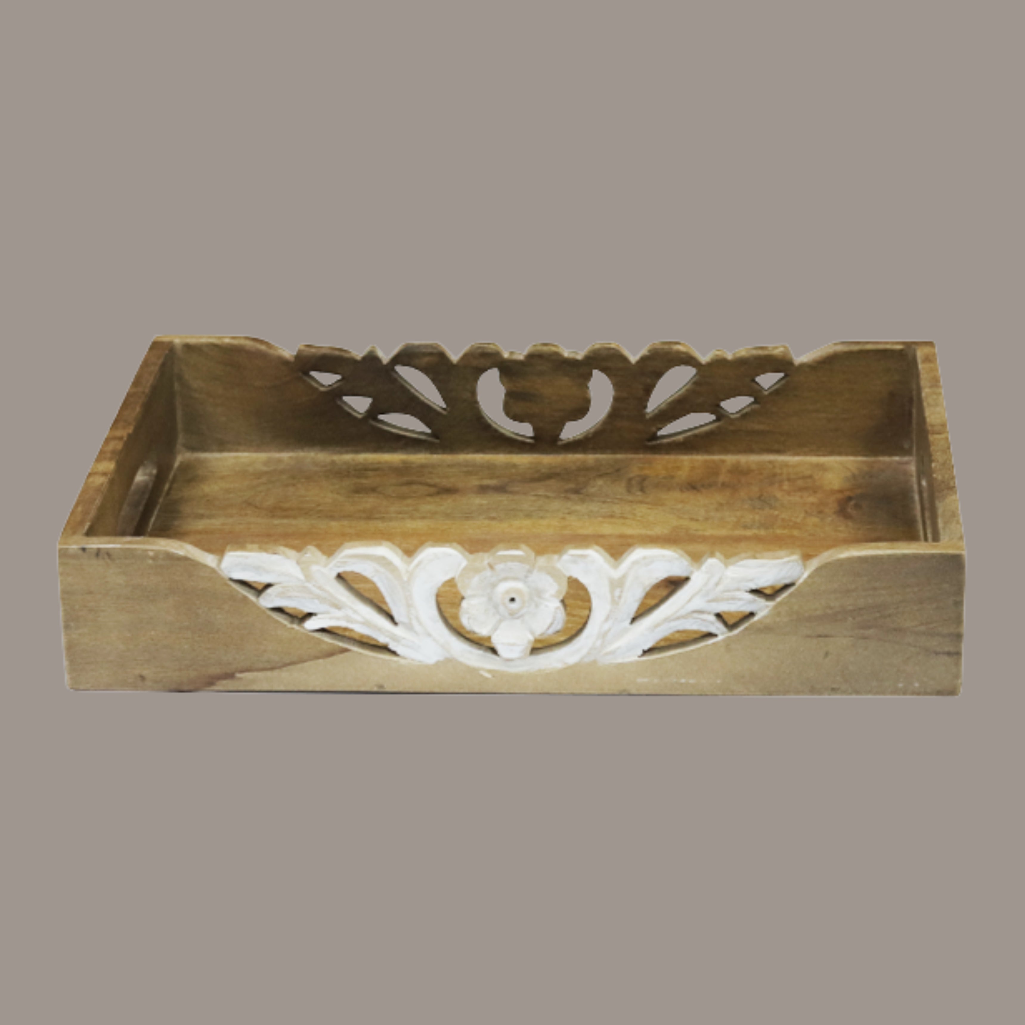 Carved Floral Accents Wooden Serving Tray