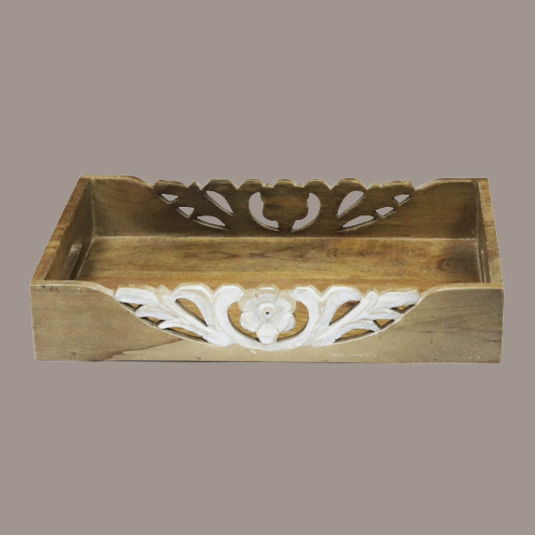Carved Floral Accents Wooden Serving Tray