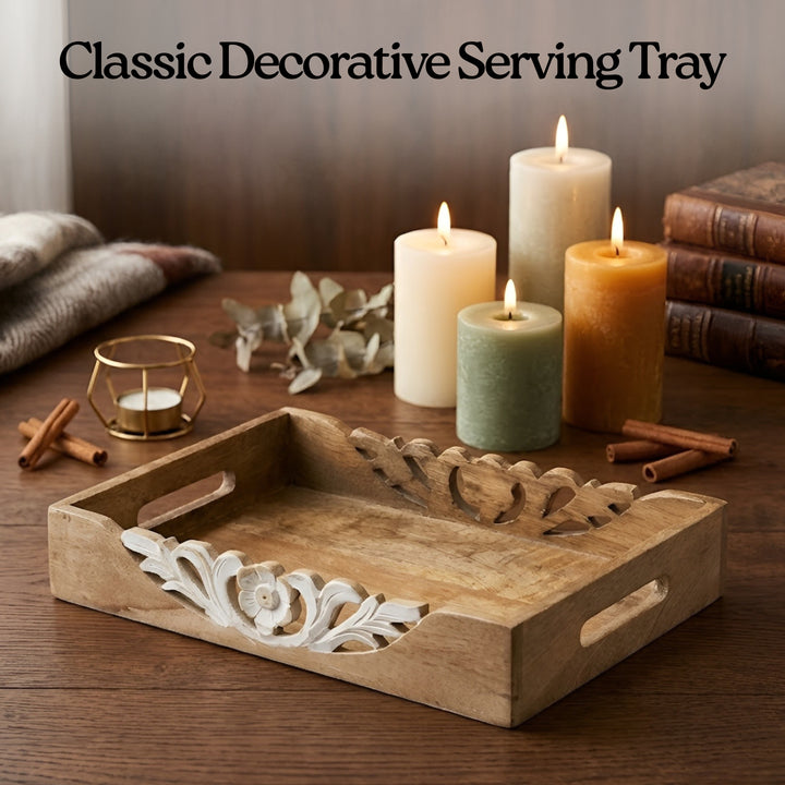 Carved Floral Accents Wooden Serving Tray