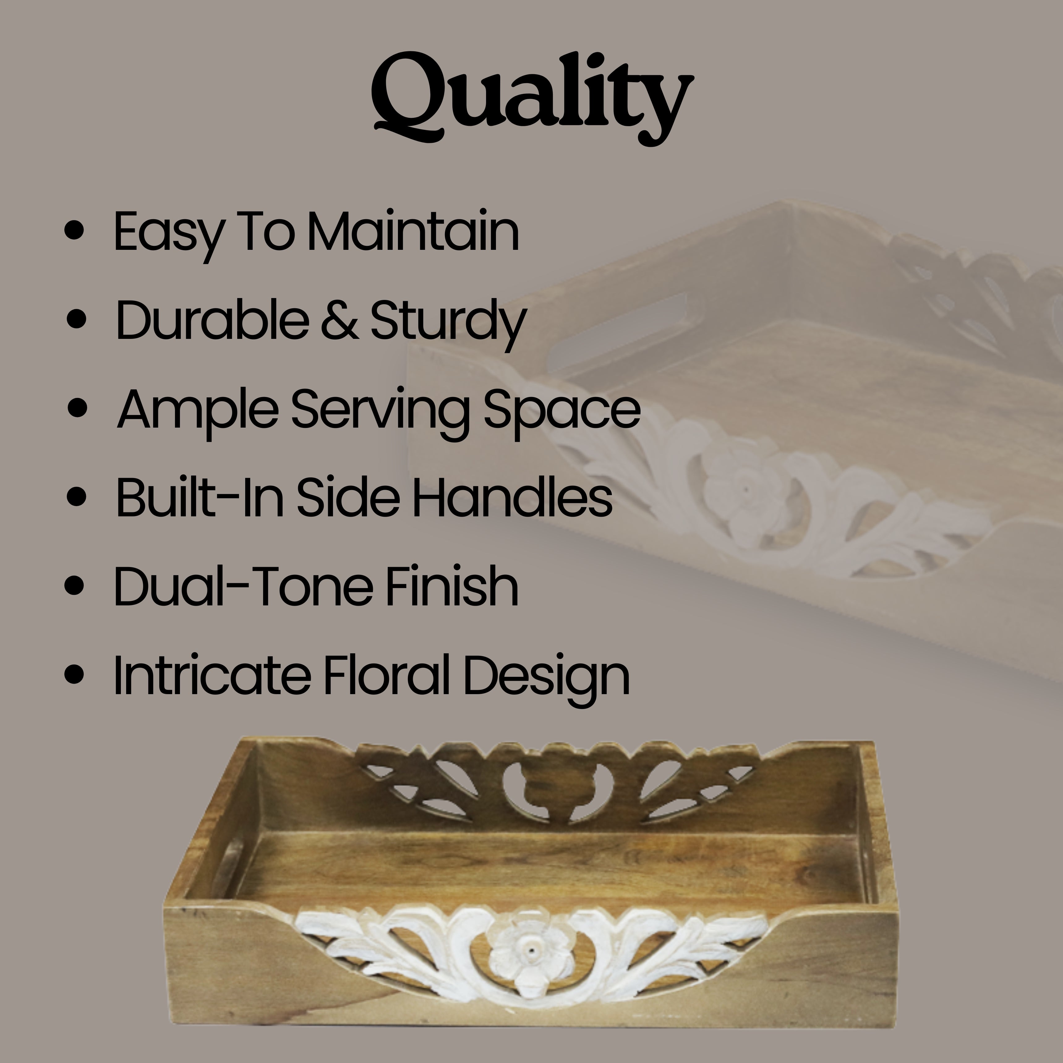 Carved Floral Accents Wooden Serving Tray