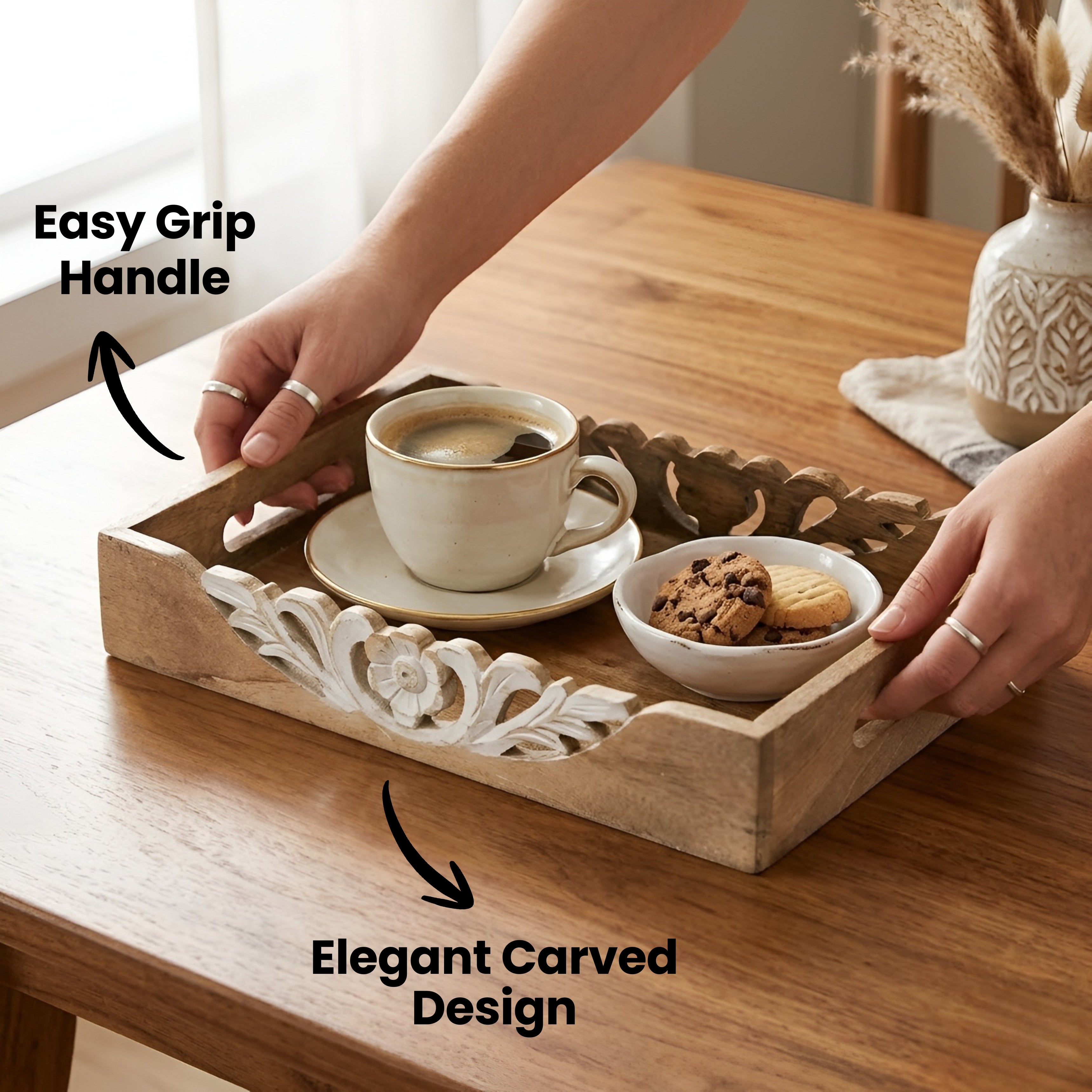 Carved Floral Accents Wooden Serving Tray