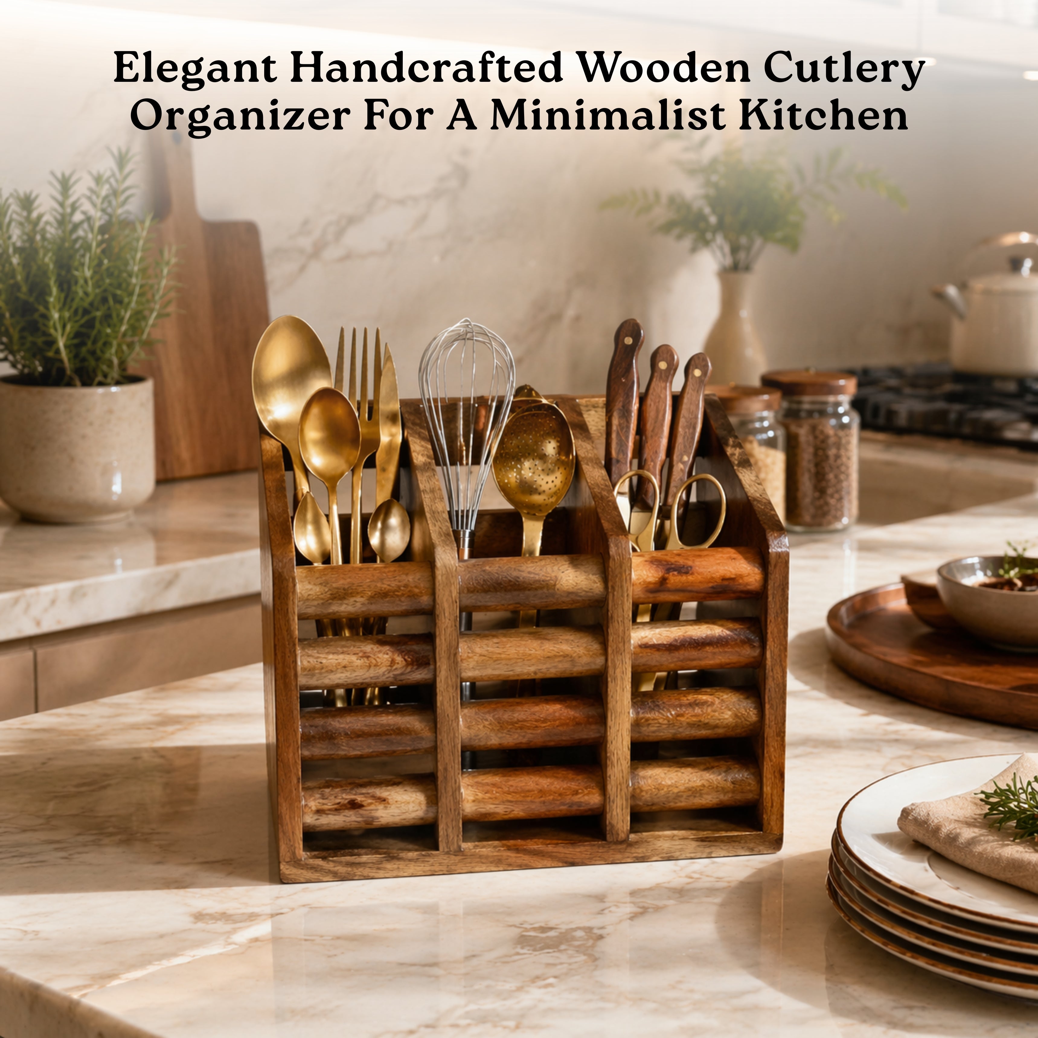 Six-Slot Slatted Wooden Cutlery & Utility Organizer