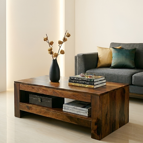 Solid Sheesham Wood Coffee Table with Shelf