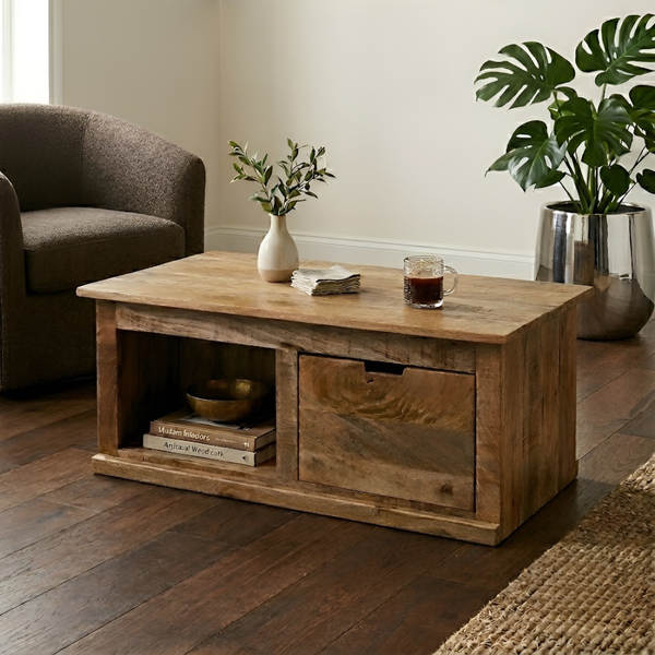 Rustic Solid Wood Coffee Table with Storage