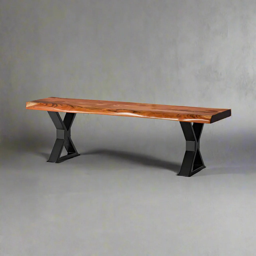 Acacia Live Edge Wood Bench with Black X-shaped Legs/Natural Color