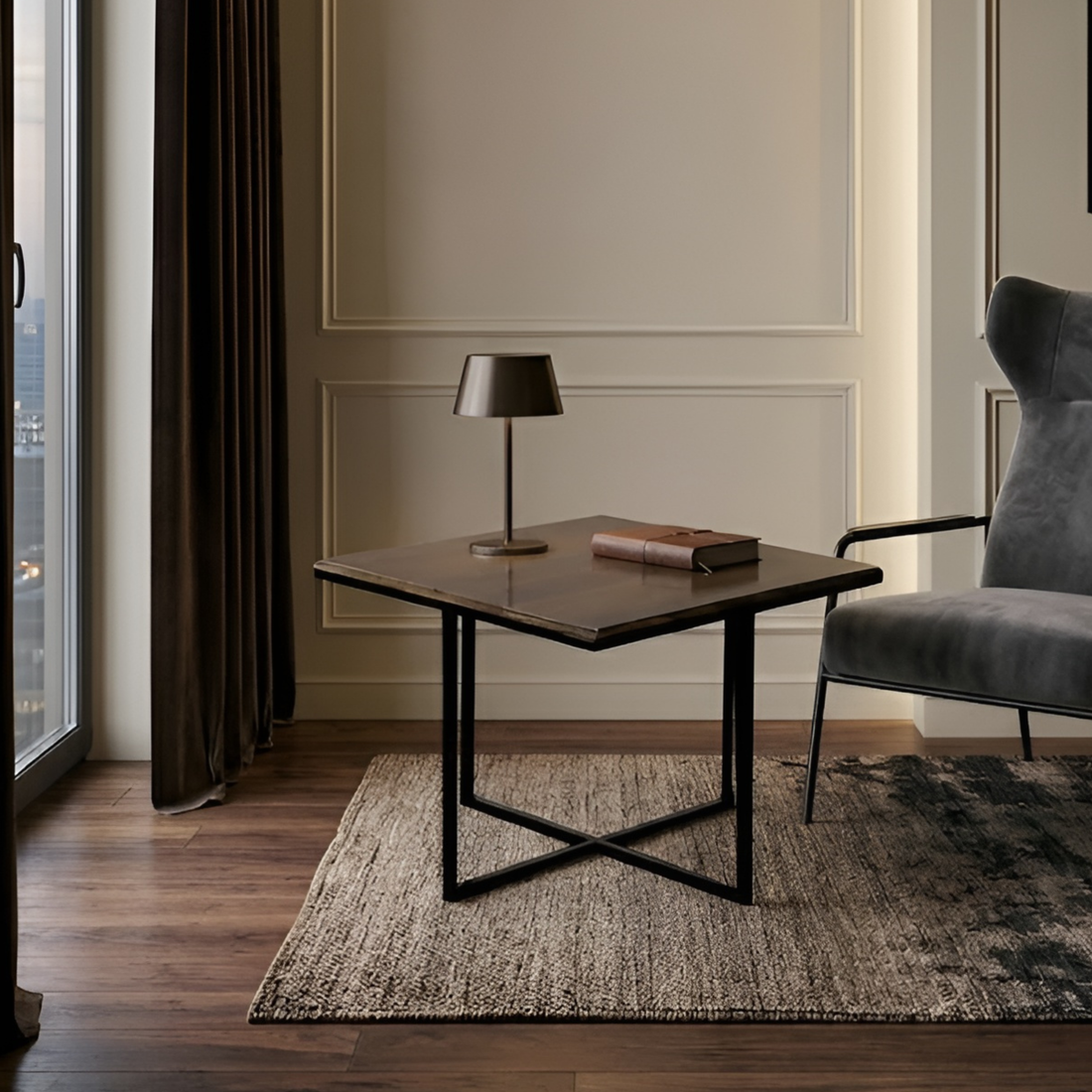 Square Industrial Coffee Table with Cross-Leg Base