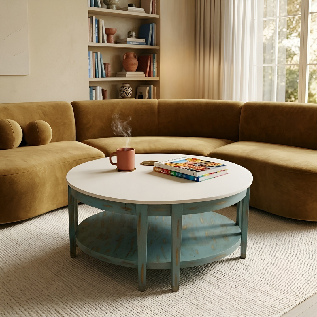 Vintage Round Coffee Table with Distressed Blue Finish
