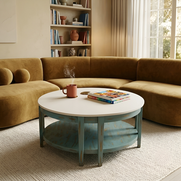 Vintage Round Coffee Table with Distressed Blue Finish