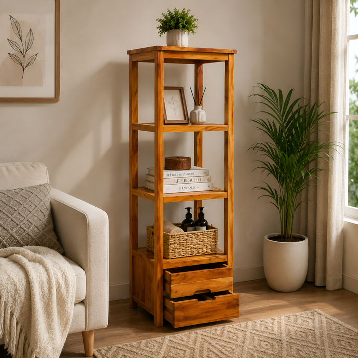 Wooden Four-Shelf Rack with Dual Storage Drawers