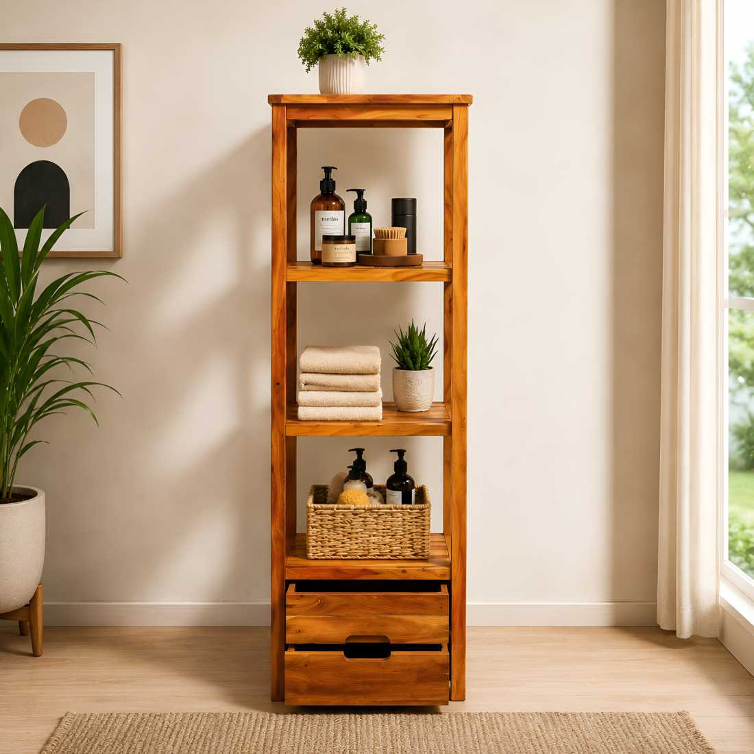 Wooden Four-Shelf Rack with Dual Storage Drawers