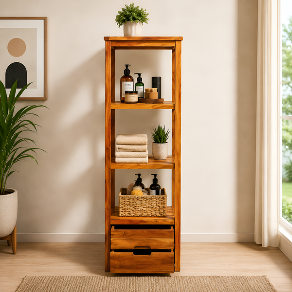 Wooden Four-Shelf Rack with Dual Storage Drawers