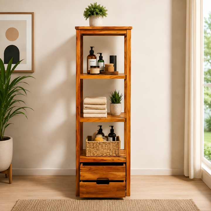 Wooden Four-Shelf Rack with Dual Storage Drawers