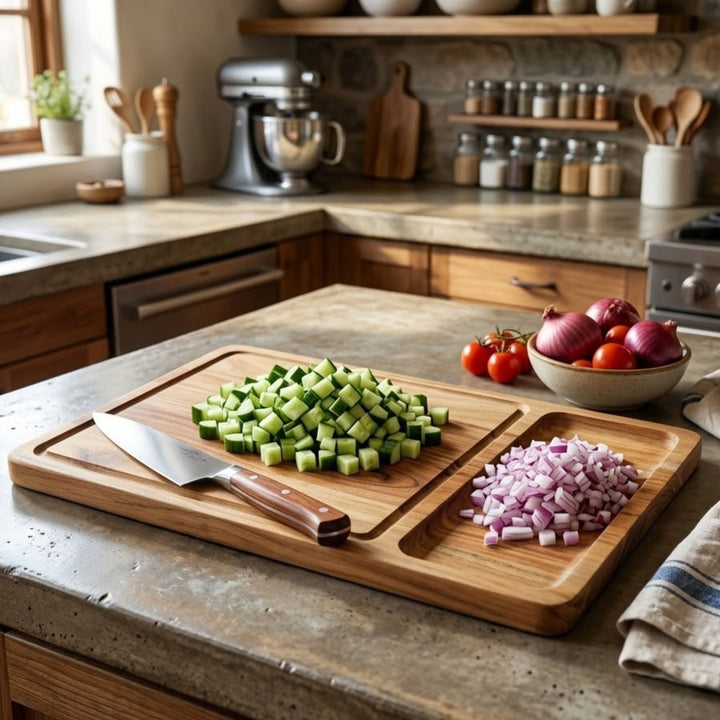 Acacia Wooden Cutting Board | Dual Section Chopping Board with Juice Groove | Durable Kitchen Prep & Serving Board