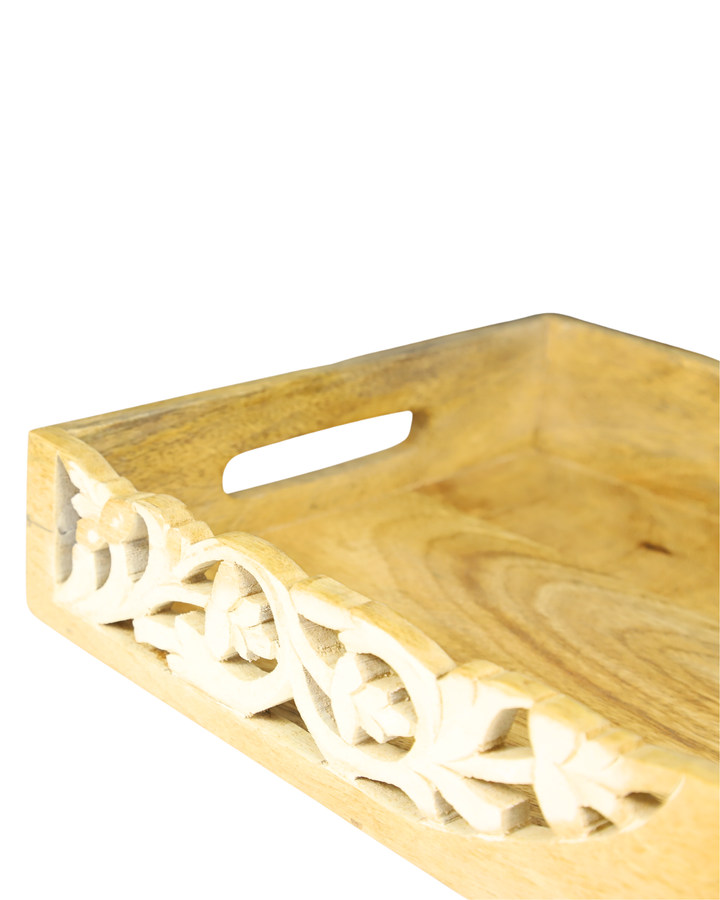 Handcrafted Wooden Serving Tray with Floral Carving