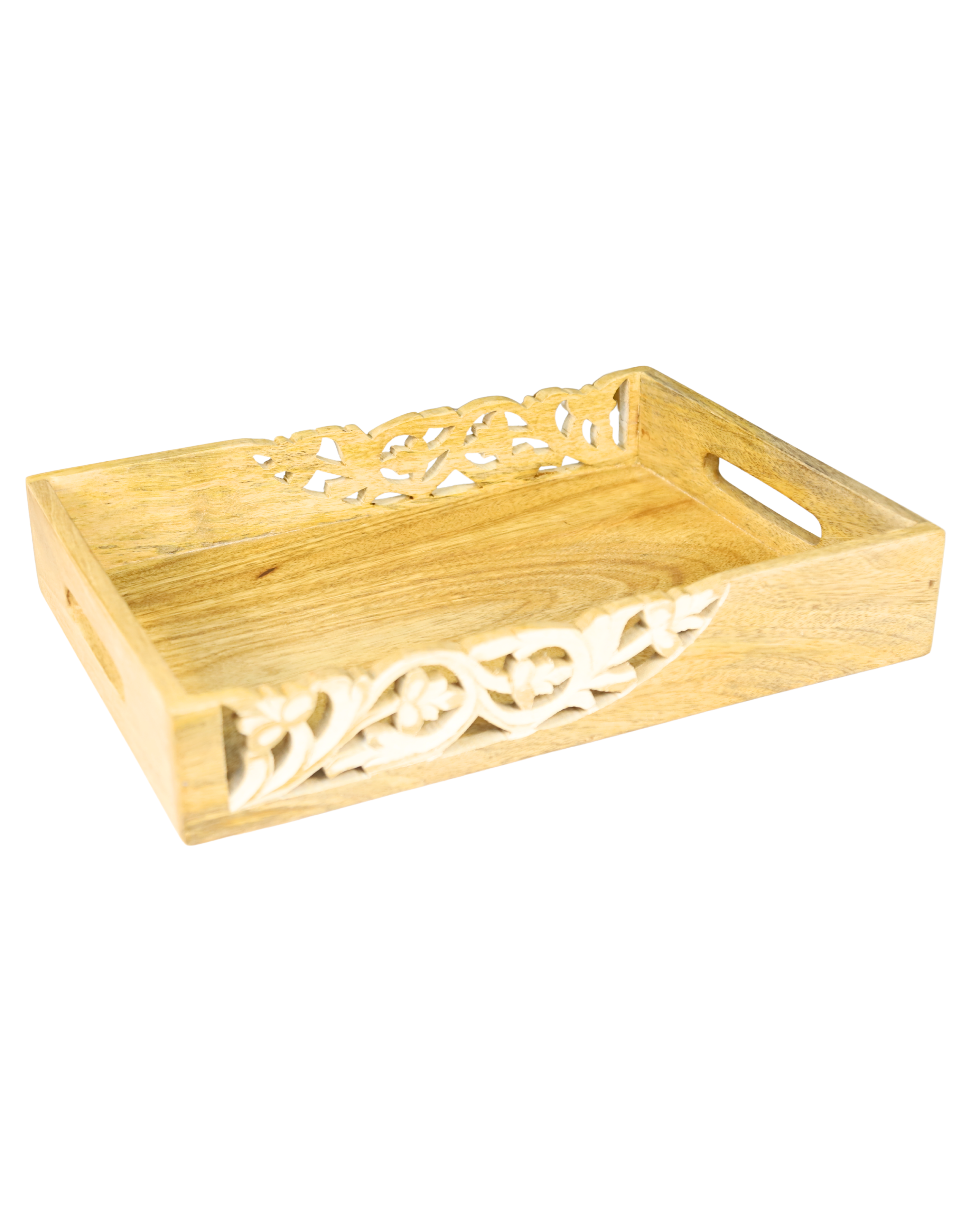 Handcrafted Wooden Serving Tray with Floral Carving