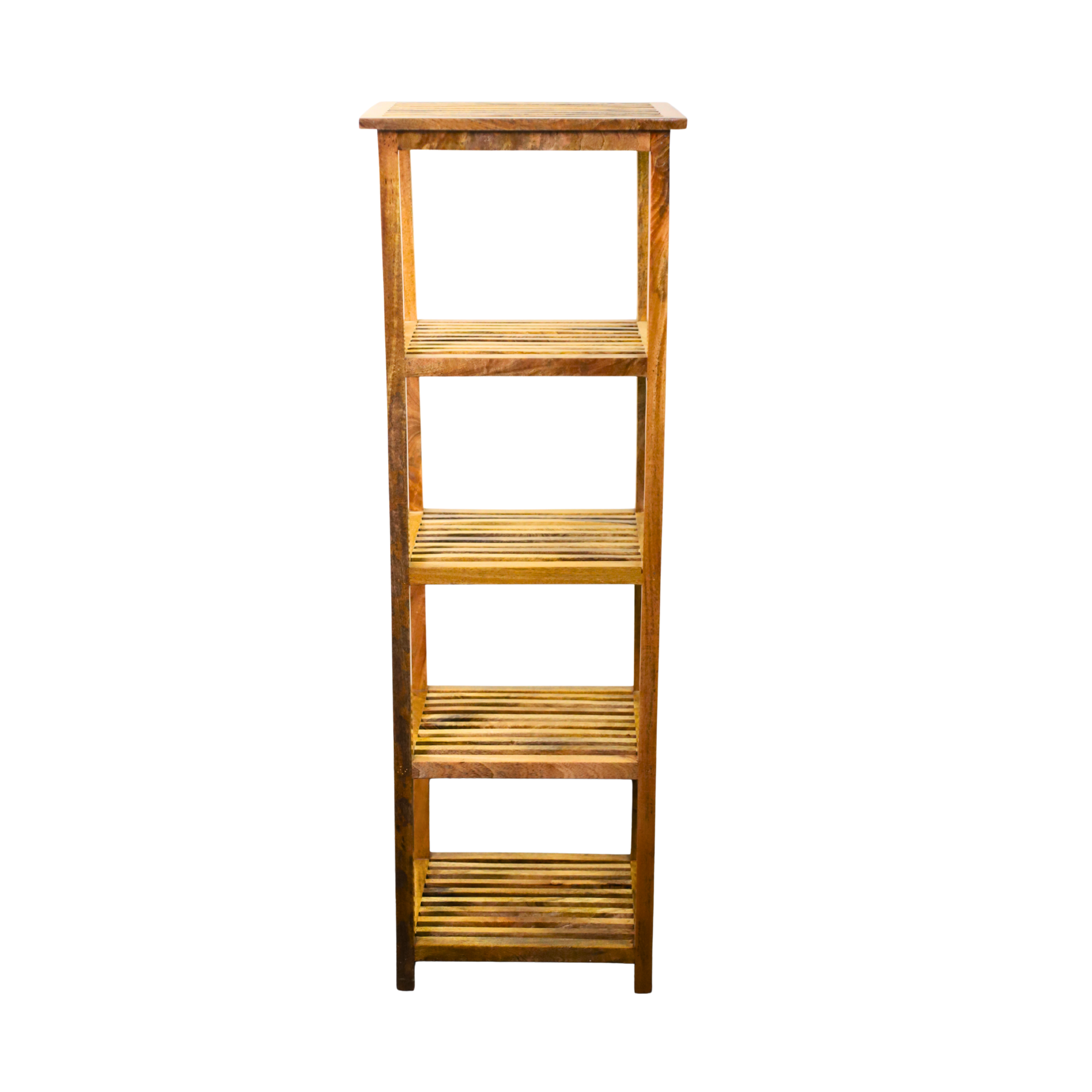 Tall Wooden Five-Shelf Rack with Slatted Design