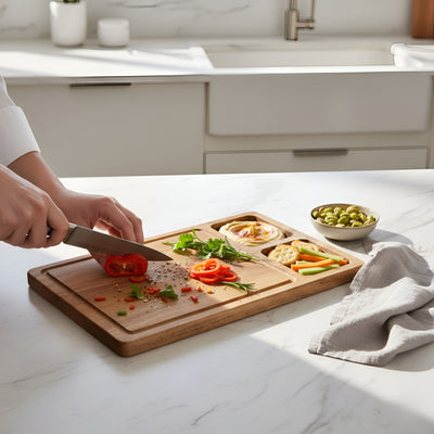 3-in-1 Acacia Wooden Cutting Board | Multi-Section Chopping Board with Compartments | Kitchen Prep, Serving & Snack Tray