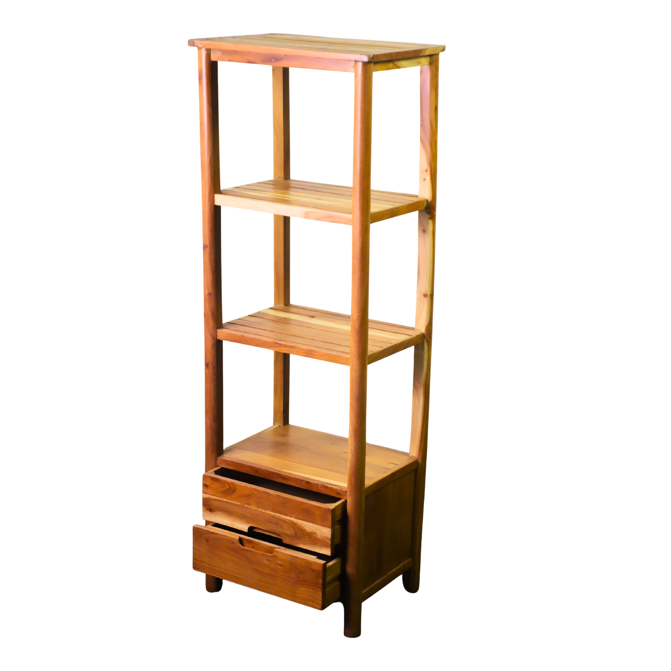 Wooden Four-Shelf Rack with Dual Storage Drawers
