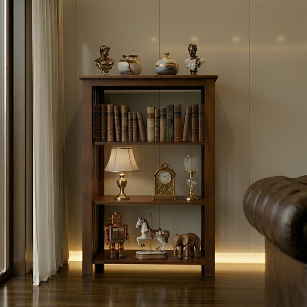 Wooden Three-Shelf Bookcase with Slatted Sides