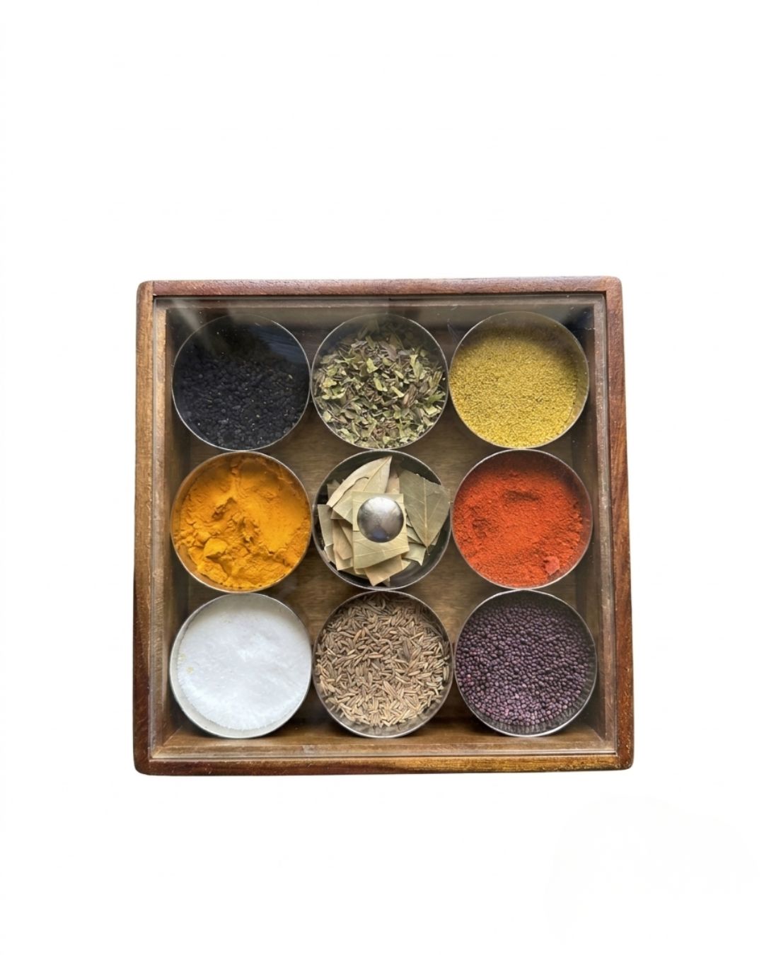 Traditional Wooden Masala Spice Box with Stainless Steel Containers