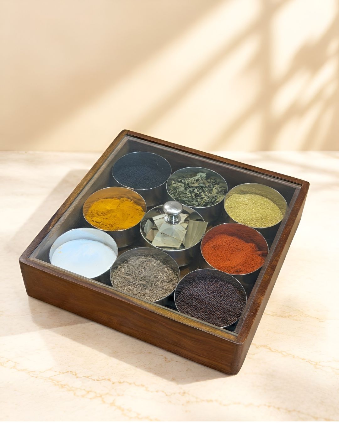 Traditional Wooden Masala Spice Box with Stainless Steel Containers