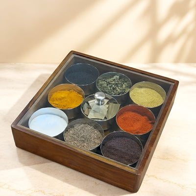 Traditional Wooden Masala Spice Box with Stainless Steel Containers