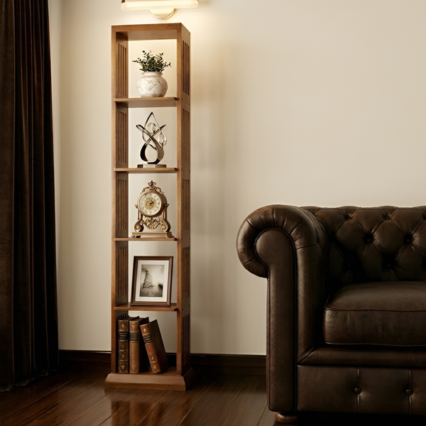 Tall Wooden Five-Shelf Rack with Slatted Design