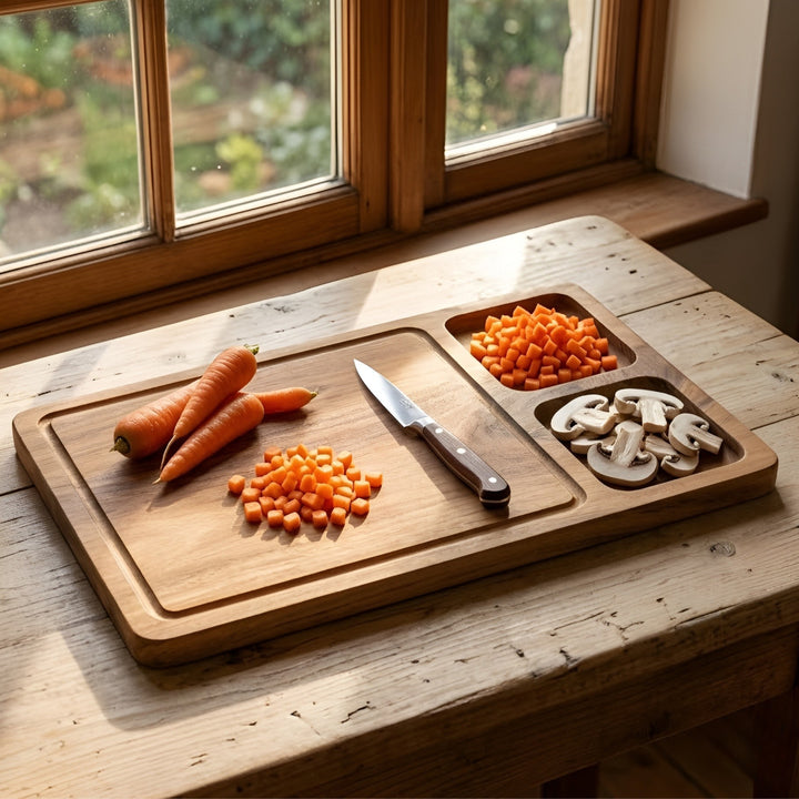 3-in-1 Acacia Wooden Cutting Board | Multi-Section Chopping Board with Compartments | Kitchen Prep, Serving & Snack Tray