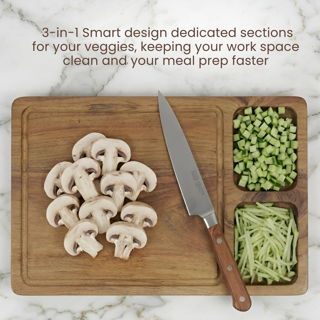 3-in-1 Acacia Wooden Cutting Board | Multi-Section Chopping Board with Compartments | Kitchen Prep, Serving & Snack Tray
