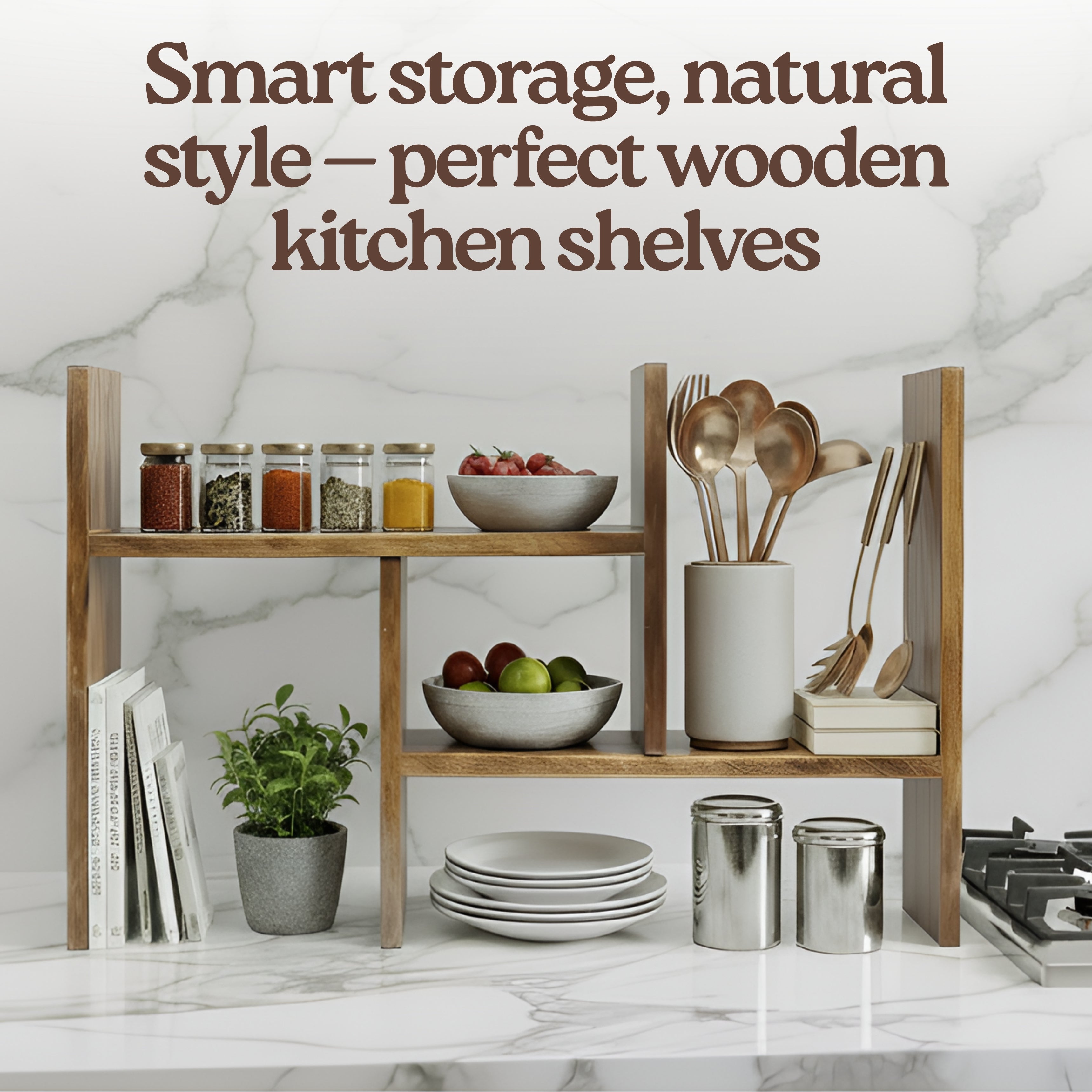 Modern Wooden Shelf Organizer: Space-Saving Desk & Kitchen Storage Rack | Multipurpose Open Shelf Display Unit