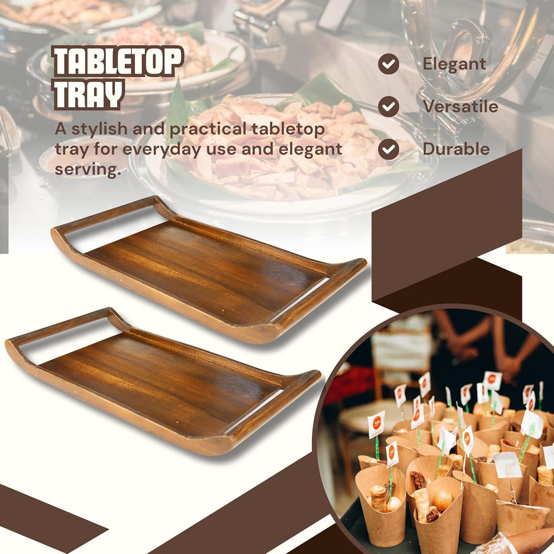 Classic Wooden Rectangular Serving Platter with Curved Handles