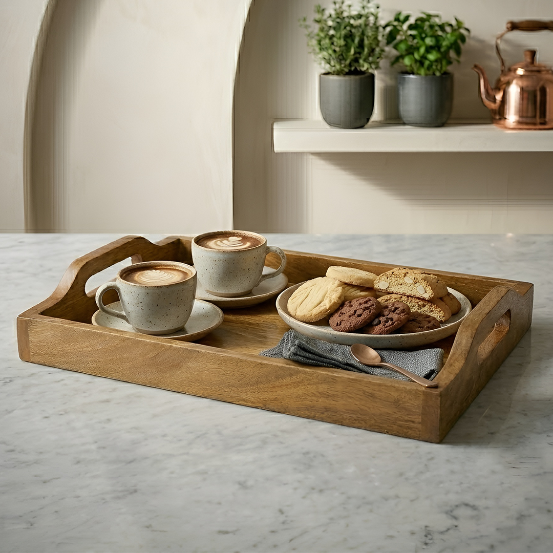 Rectangular Wooden Serving Tray with Sturdy Handles