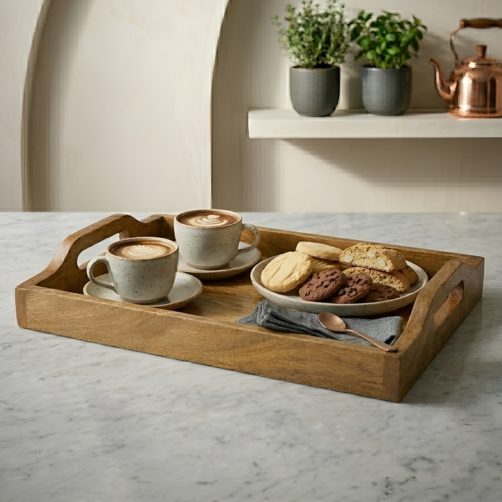 Rectangular Wooden Serving Tray with Sturdy Handles