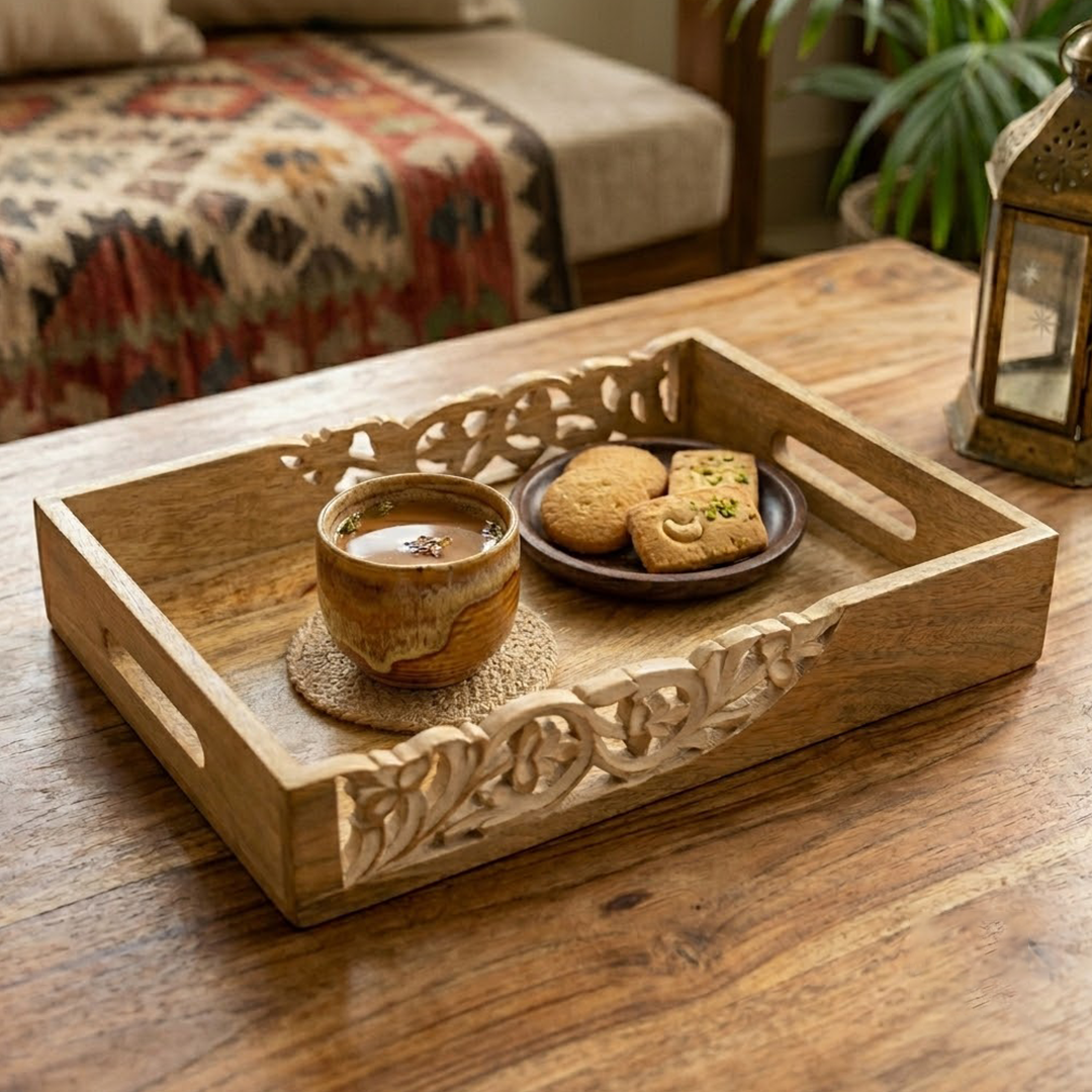 Handcrafted Wooden Serving Tray with Floral Carving