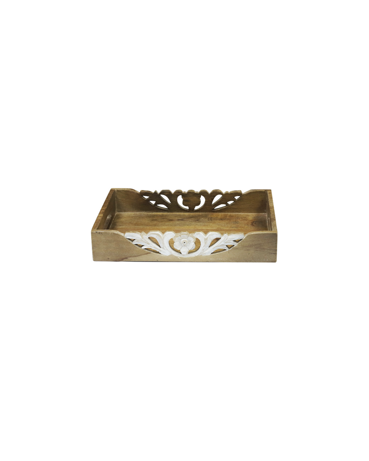 Carved Floral Accents Wooden Serving Tray