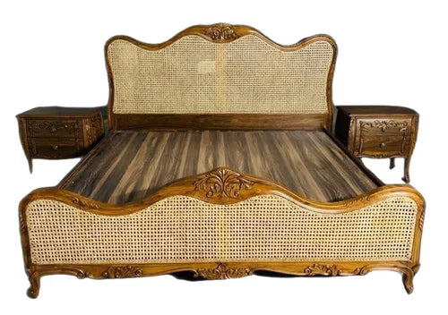 Vintage Cane Wood King Size Bed with Side Tables