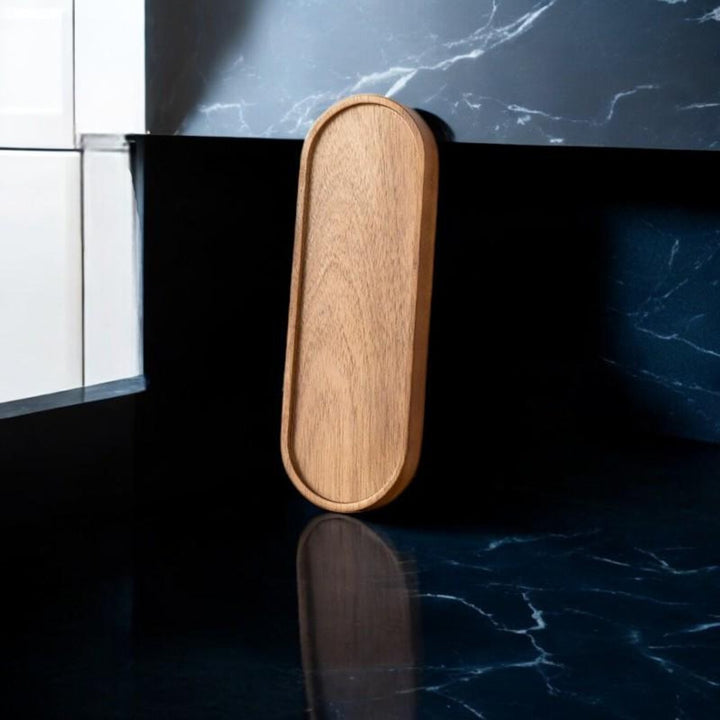 Wooden Oval Serving Tray on Marble Countertop